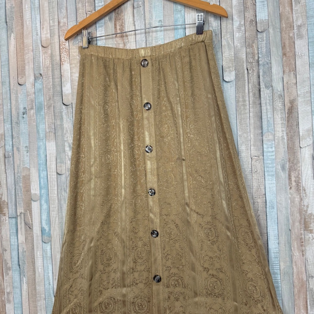 CP Shades S Vintage Gold Jacquard Textured Rayon Button Front Pull On Midi Skirt - Picture 3 of 8